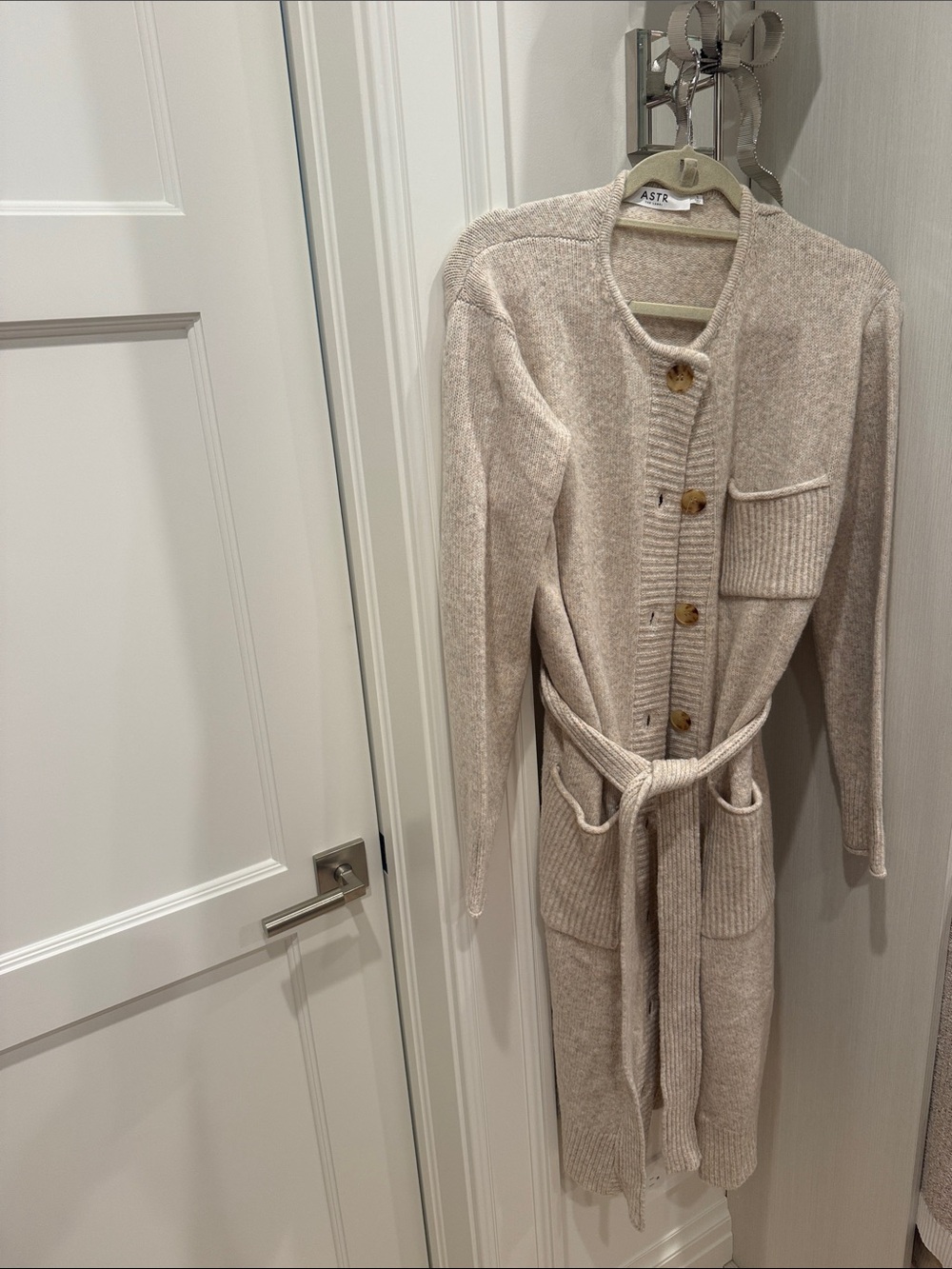 Astr Neutral Beige Belted Long Cardigan
